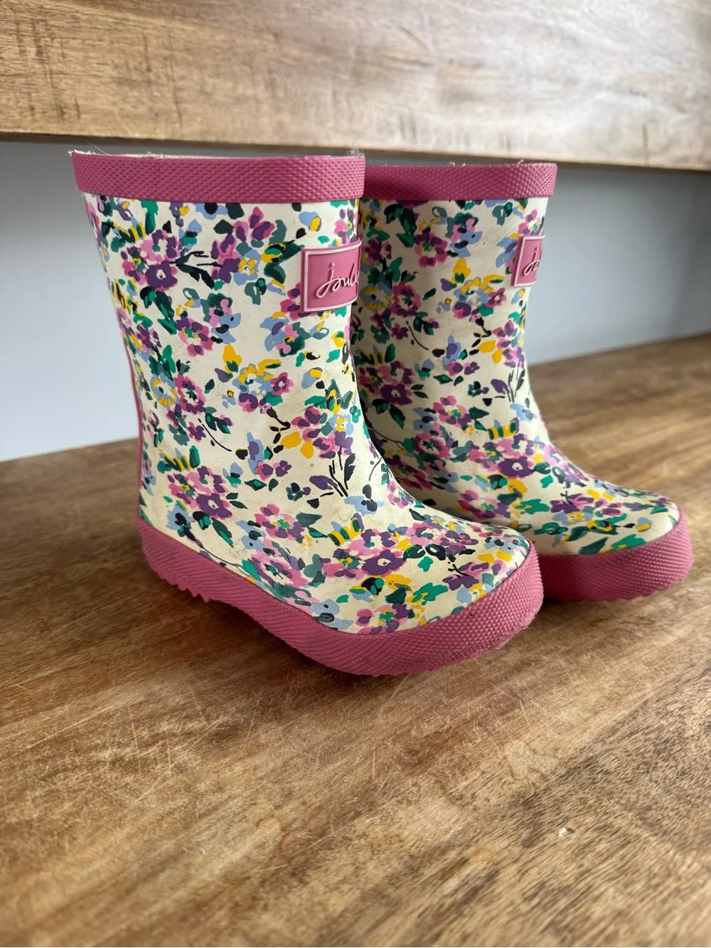 Joules Cream Floral Kids Rain Boots with Pink Trim